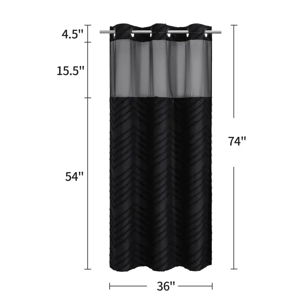 Black Textured Chevron Shower Curtain with Sheer Top Panel - 74